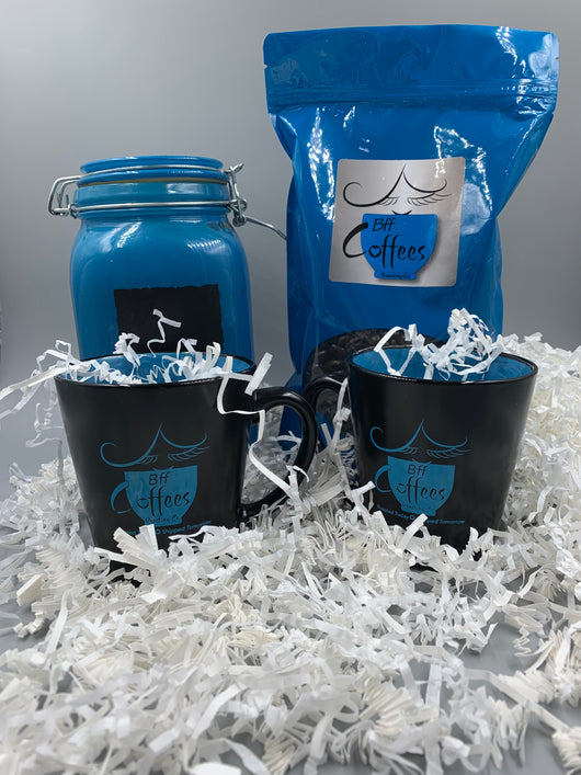 Bff Coffees Gift Set (Includes 2 mugs, small canister, and fresh roasted coffee)